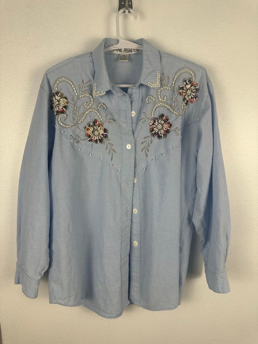 vintage Jane Ashley chambray shirt beaded floral embroidery western-style yoke S